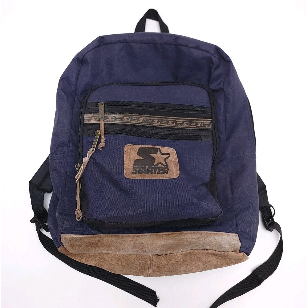Vintage 90s Starter Backpack Dark Blue‎ Suede Leather Bottom Accents
